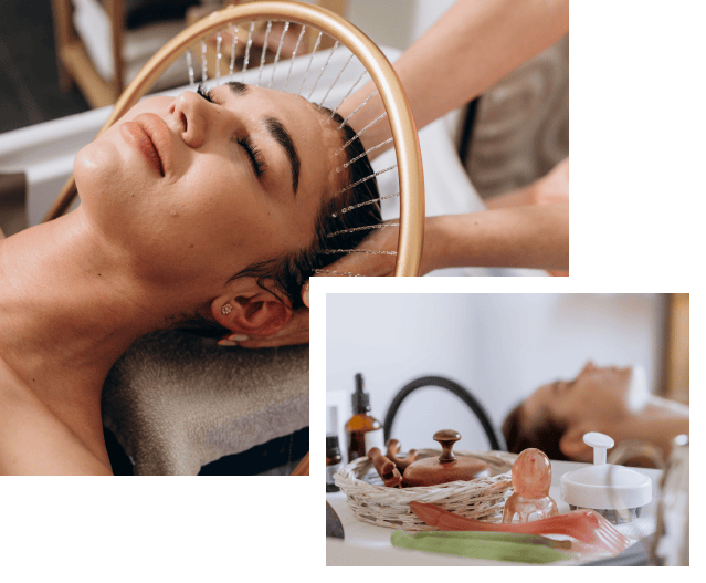 Une femme reçoit un traitement capillaire avec un outil en forme de halo et un plateau de produits de spa à La Chapelle-Vendômoise près de Blois dans le Loir-et-Cher 41