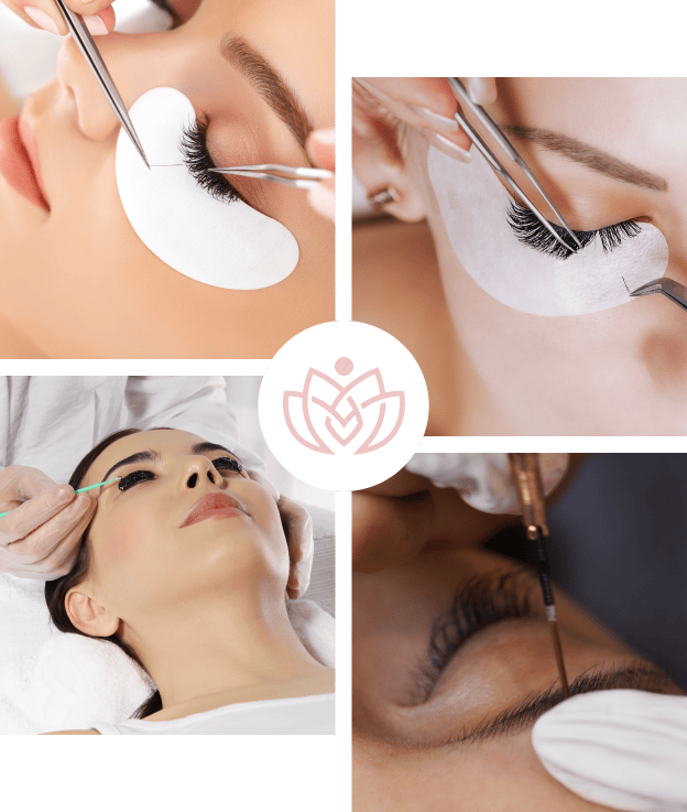 Collage de quatre images de procédures d'extension et de lifting des cils, avec un logo au centre à La Chapelle-Vendômoise près de Blois dans le Loir-et-Cher 41